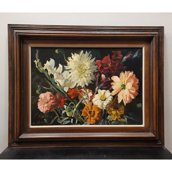 Image 1 of Oude olieverf op paneel met een stilleven en een boeket bloemen van Paul Robert Bazé, Frankrijk