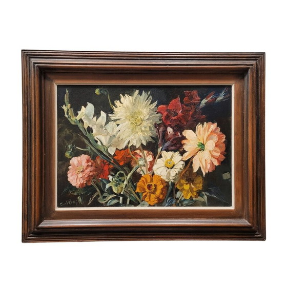 Image 1 of Oude olieverf op paneel met een stilleven en een boeket bloemen van Paul Robert Bazé, Frankrijk