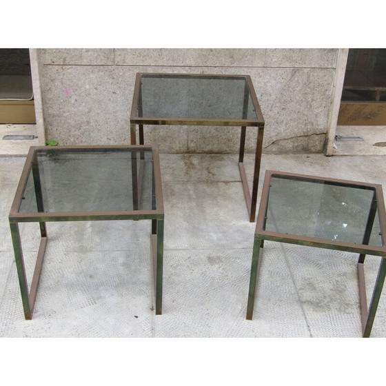 Image 1 of Vintage nesttafels van messing en rookglas