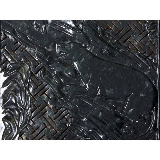 Image 1 of Vintage Art Deco juwelendoosje in zwarte lak en gebeeldhouwde jadesteen, 1930