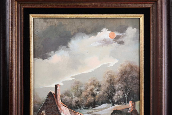 Image 1 of 20e eeuws gesigneerd schilderij van een landschap met oude huizen