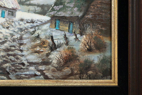 Image 1 of 20e eeuws gesigneerd schilderij van een landschap met oude huizen