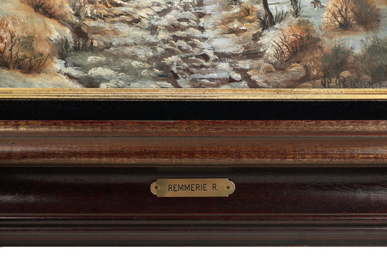 Image 1 of 20e eeuws gesigneerd schilderij van een landschap met oude huizen