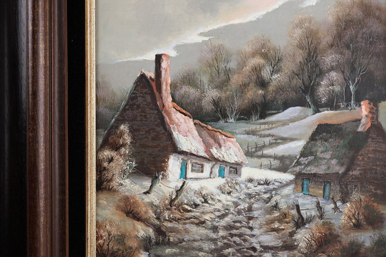 Image 1 of 20e eeuws gesigneerd schilderij van een landschap met oude huizen