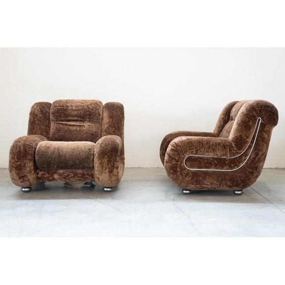 Image 1 of Paar vintage fauteuils met 3-zitsbank in hout en chenille stof, Italië 1970