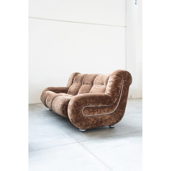 Image 1 of Paar vintage fauteuils met 3-zitsbank in hout en chenille stof, Italië 1970