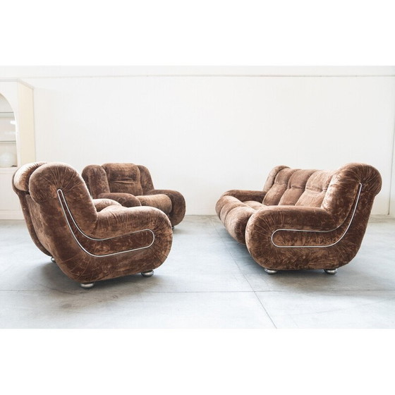 Image 1 of Paar vintage fauteuils met 3-zitsbank in hout en chenille stof, Italië 1970