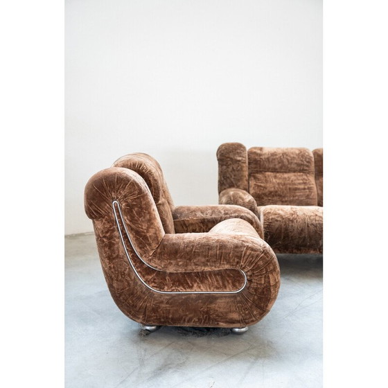 Image 1 of Paar vintage fauteuils met 3-zitsbank in hout en chenille stof, Italië 1970