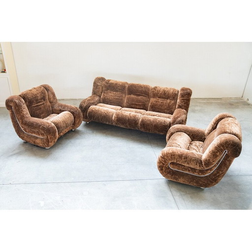 Paar vintage fauteuils met 3-zitsbank in hout en chenille stof, Italië 1970