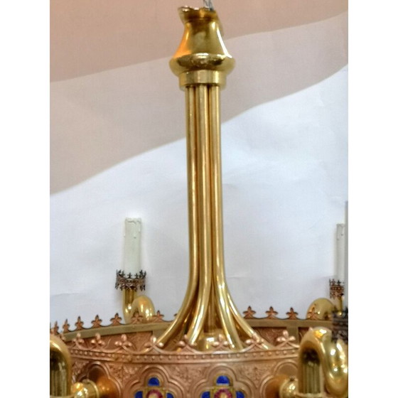 Image 1 of Vintage vergulde en geëmailleerde kroonluchter van kunstenaar Jozsef Engelsz, 1970