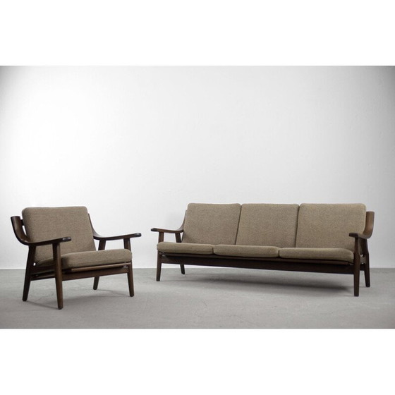 Image 1 of Paar Mid Century 3-zitsbank & fauteuil van Hans J. Wegner voor Getama Scandinavisch 1960