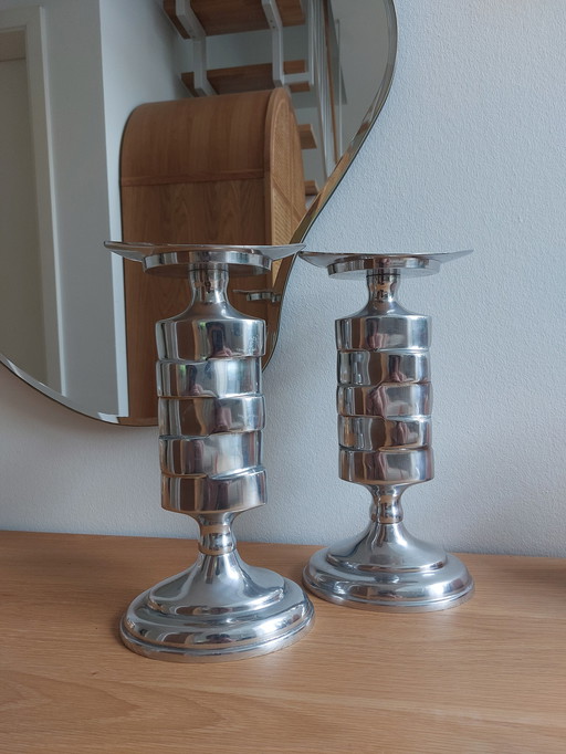 2x Vintage Art Deco Ruimtetijdperk Zilveren Kaarsenhouder Kandelaar