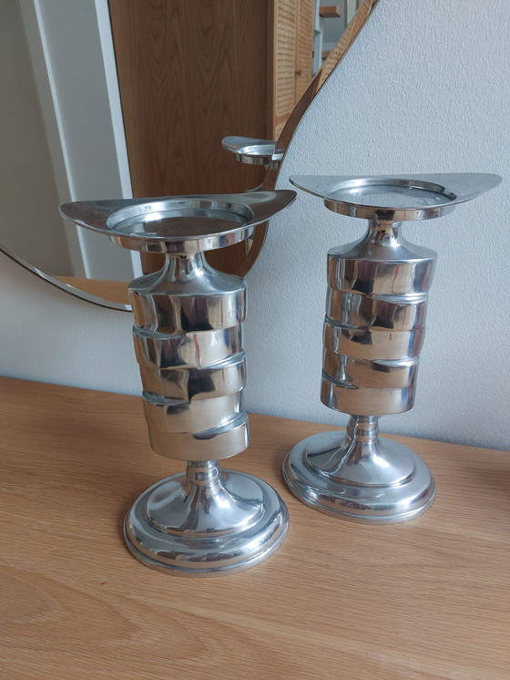 Image 1 of 2x Vintage Art Deco Ruimtetijdperk Zilveren Kaarsenhouder Kandelaar