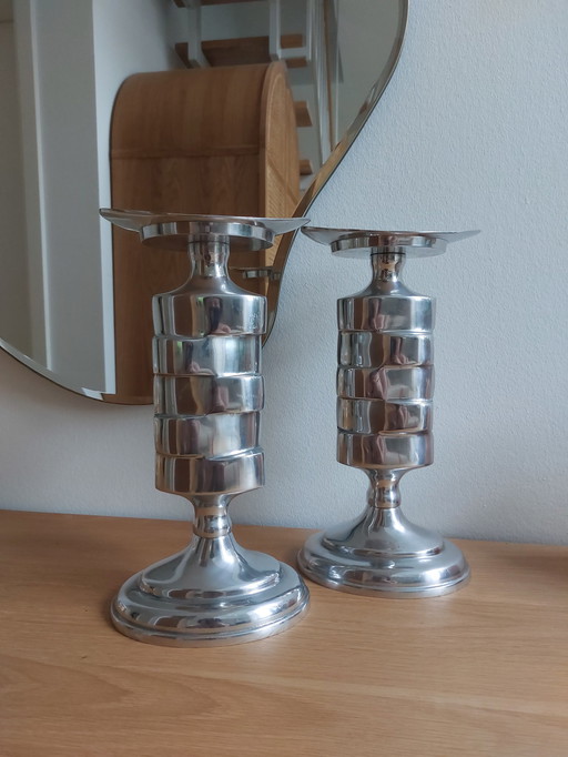 2x Vintage Art Deco Ruimtetijdperk Zilveren Kaarsenhouder Kandelaar