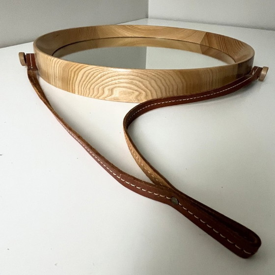 Image 1 of Wandspiegel Teak, Rond Met Lederen Band - Midcentury, Zweden