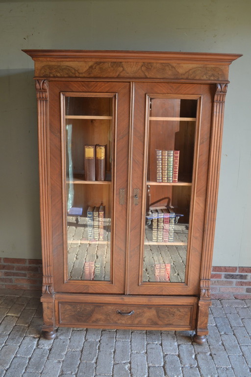 Antieke Noten Houten Boekenkast, Vitrinekast