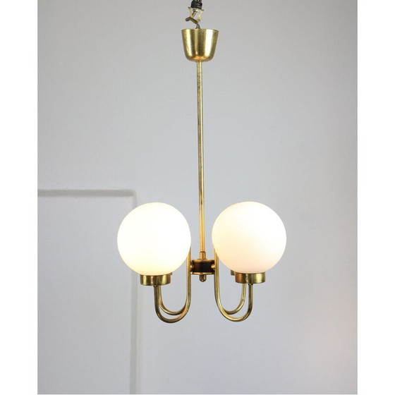 Image 1 of Mid-century kroonluchter van messing en opalineglas