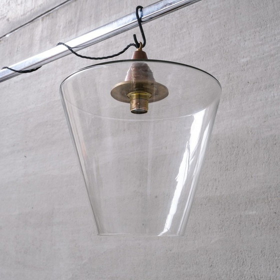 Image 1 of Vintage conische hanglamp in koper en glas, Frankrijk 1950