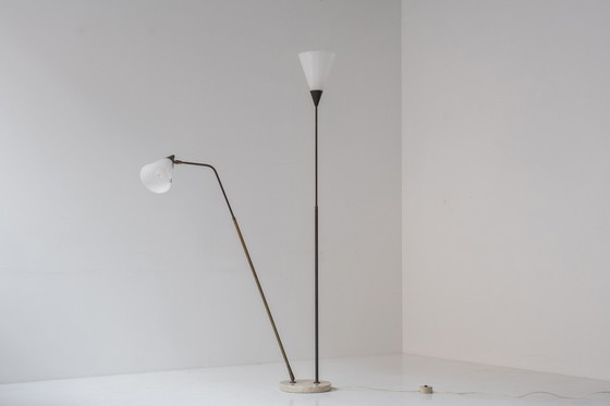 Image 1 of Zeldzame 339-2 PX vloerlamp met twee armen van Angelo en Giuseppe Ostuni & Renato Forti voor Oluce, Italië 1952.