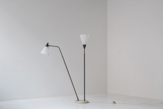 Image 1 of Zeldzame 339-2 PX vloerlamp met twee armen van Angelo en Giuseppe Ostuni & Renato Forti voor Oluce, Italië 1952.