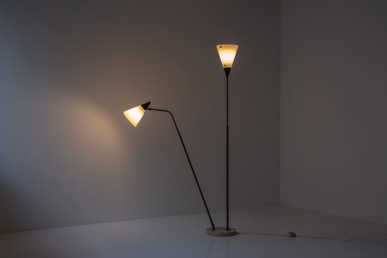 Image 1 of Zeldzame 339-2 PX vloerlamp met twee armen van Angelo en Giuseppe Ostuni & Renato Forti voor Oluce, Italië 1952.