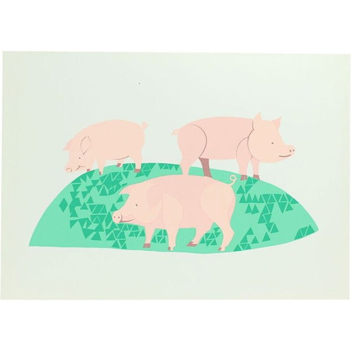 Vintage gekleurde plastic muurkunst Illustratie van drie varkens, Tsjecho-Slowakije 1960