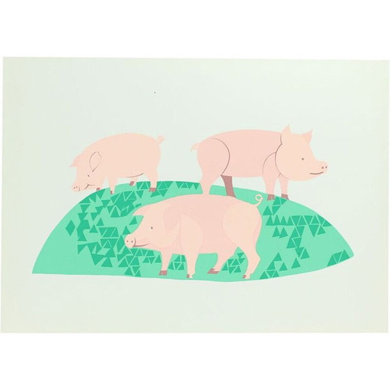 Image 1 of Vintage gekleurde plastic muurkunst Illustratie van drie varkens, Tsjecho-Slowakije 1960