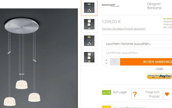 Image 1 of Plafond hanglamp, Mid Century Modern, Art Deco, Bankamp, Murano glas, Messing, Zeer zeldzaam