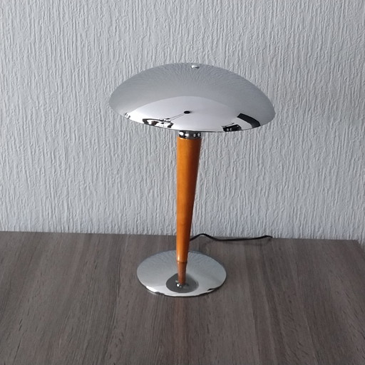 Mushroom Tafellamp – Chroom – Hout – 1980’S 