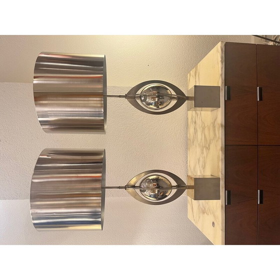 Image 1 of Paar vintage "Ogive" tafellampen in geborsteld staal voor Maison Charles, Frankrijk 1970