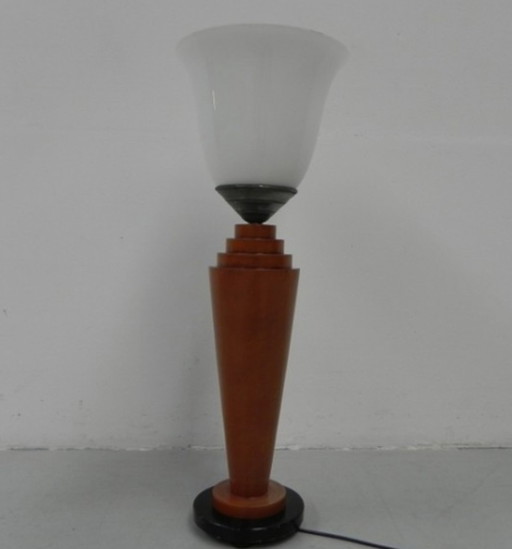 Art deco tafellamp, bureaulamp met glazen kap