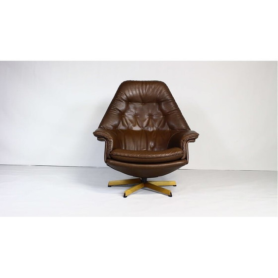 Image 1 of Vintage Deense draaifauteuil in bruin leer van Madsen en Schubell, jaren 1960