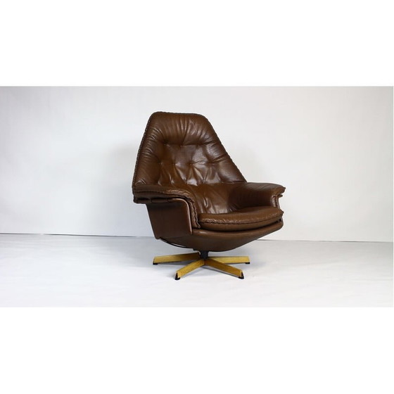 Image 1 of Vintage Deense draaifauteuil in bruin leer van Madsen en Schubell, jaren 1960