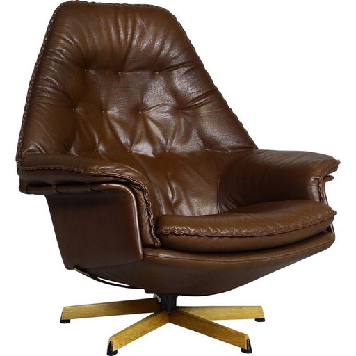 Vintage Deense draaifauteuil in bruin leer van Madsen en Schubell, jaren 1960