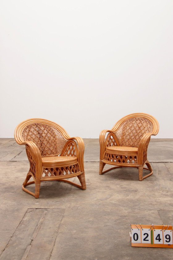 Image 1 of Franse Bohemian set van 2 Bamboe stoelen jaren 60.