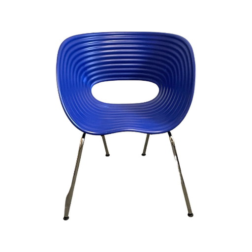 Ron Arad - Vitra - Eetkamerstoel op verchroomd onderstel - model Tom Vac - Blauw zitting - Eerste druk uit 1999!