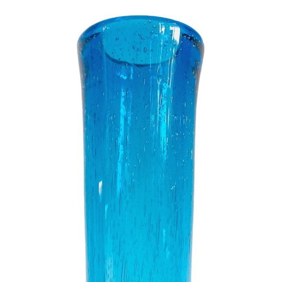 Image 1 of Vintage hoge handgeblazen glazen vaas blauw bubbels