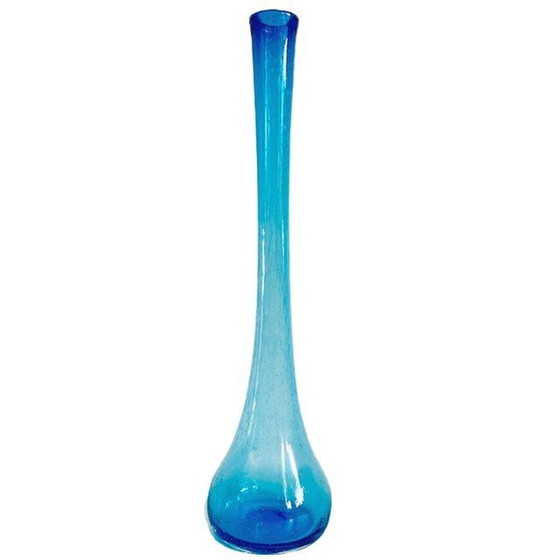 Image 1 of Vintage hoge handgeblazen glazen vaas blauw bubbels