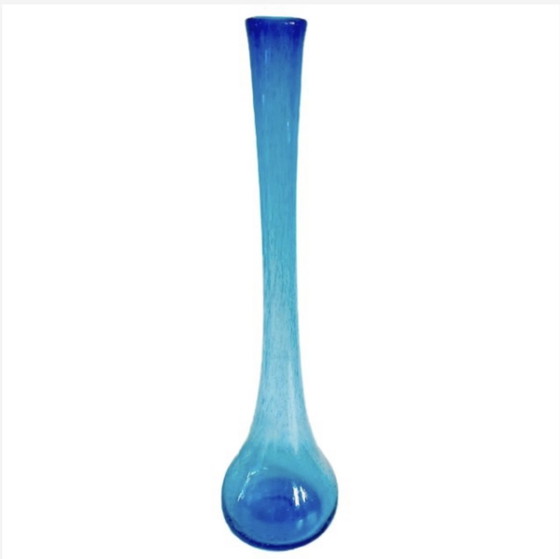 Image 1 of Vintage hoge handgeblazen glazen vaas blauw bubbels