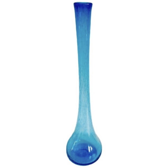 Image 1 of Vintage hoge handgeblazen glazen vaas blauw bubbels