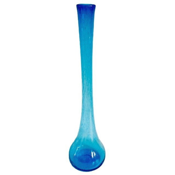 Image 1 of Vintage hoge handgeblazen glazen vaas blauw bubbels