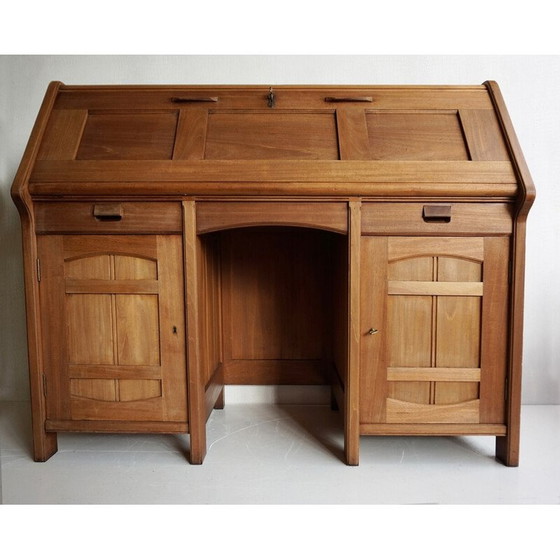 Image 1 of Vintage secretaire in massief mahonie en zwart leer, jaren 1900