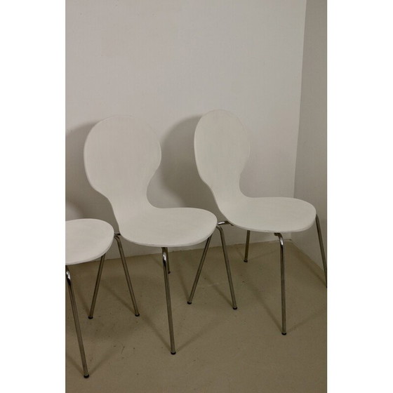 Image 1 of Set van 4 vintage woonkamerstoelen in gebogen houtfineer en chroom, Frankrijk 1970