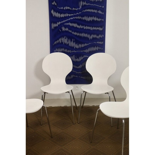 Set van 4 vintage woonkamerstoelen in gebogen houtfineer en chroom, Frankrijk 1970