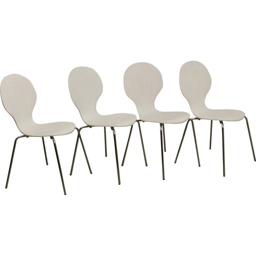 Set van 4 vintage woonkamerstoelen in gebogen houtfineer en chroom, Frankrijk 1970