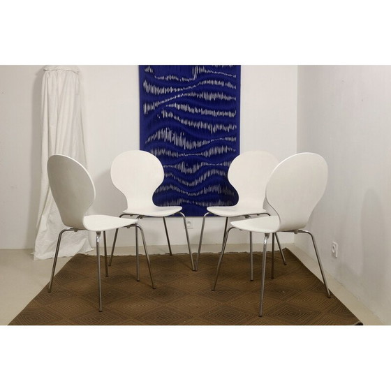 Image 1 of Set van 4 vintage woonkamerstoelen in gebogen houtfineer en chroom, Frankrijk 1970