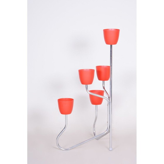 Image 1 of Vintage rode plastic en verchroomd stalen plantenbak, 1950