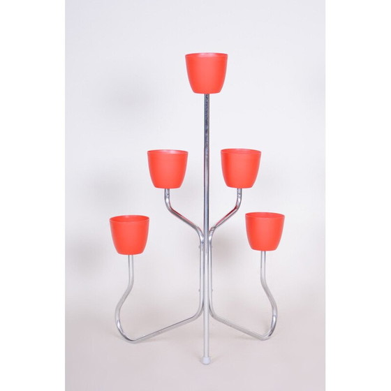 Image 1 of Vintage rode plastic en verchroomd stalen plantenbak, 1950
