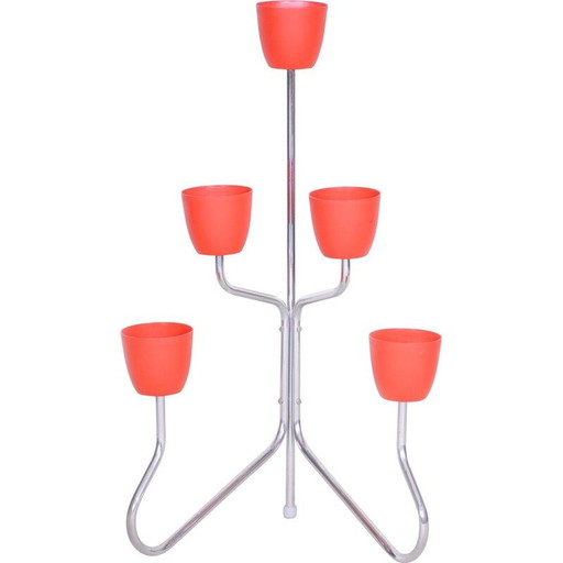 Vintage rode plastic en verchroomd stalen plantenbak, 1950