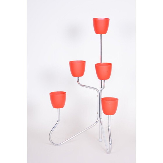 Image 1 of Vintage rode plastic en verchroomd stalen plantenbak, 1950